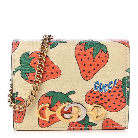 GUCCI Calfskin Strawberry Print Zumi Chain Card Case Wallet 